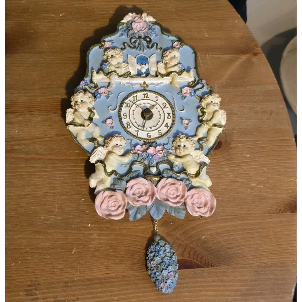 Vintage 90s 3D Cherub Angel & Pink Roses Chime Music Wall Clock, Working